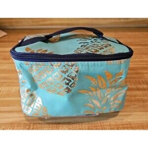 Cosmetic Case Canvas NGIL Teal with gold Pineapples, Navy Accents, Never Used